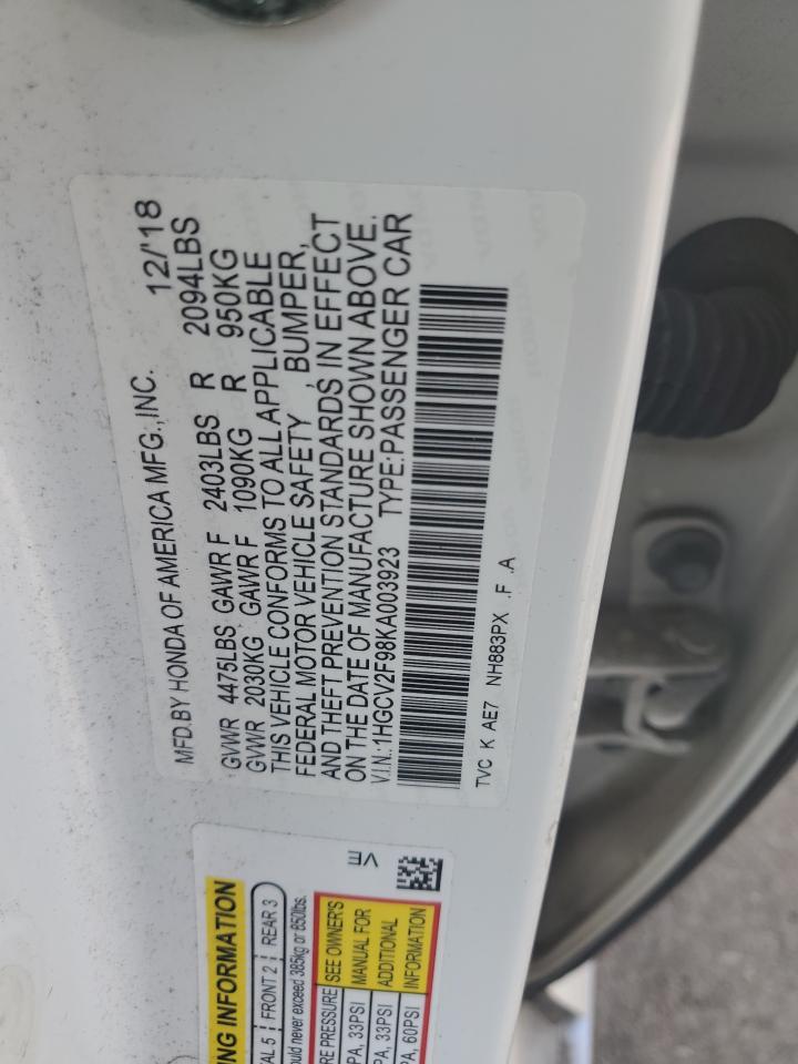 2019 Honda Accord Touring VIN: 1HGCV2F98KA003923 Lot: 80894575