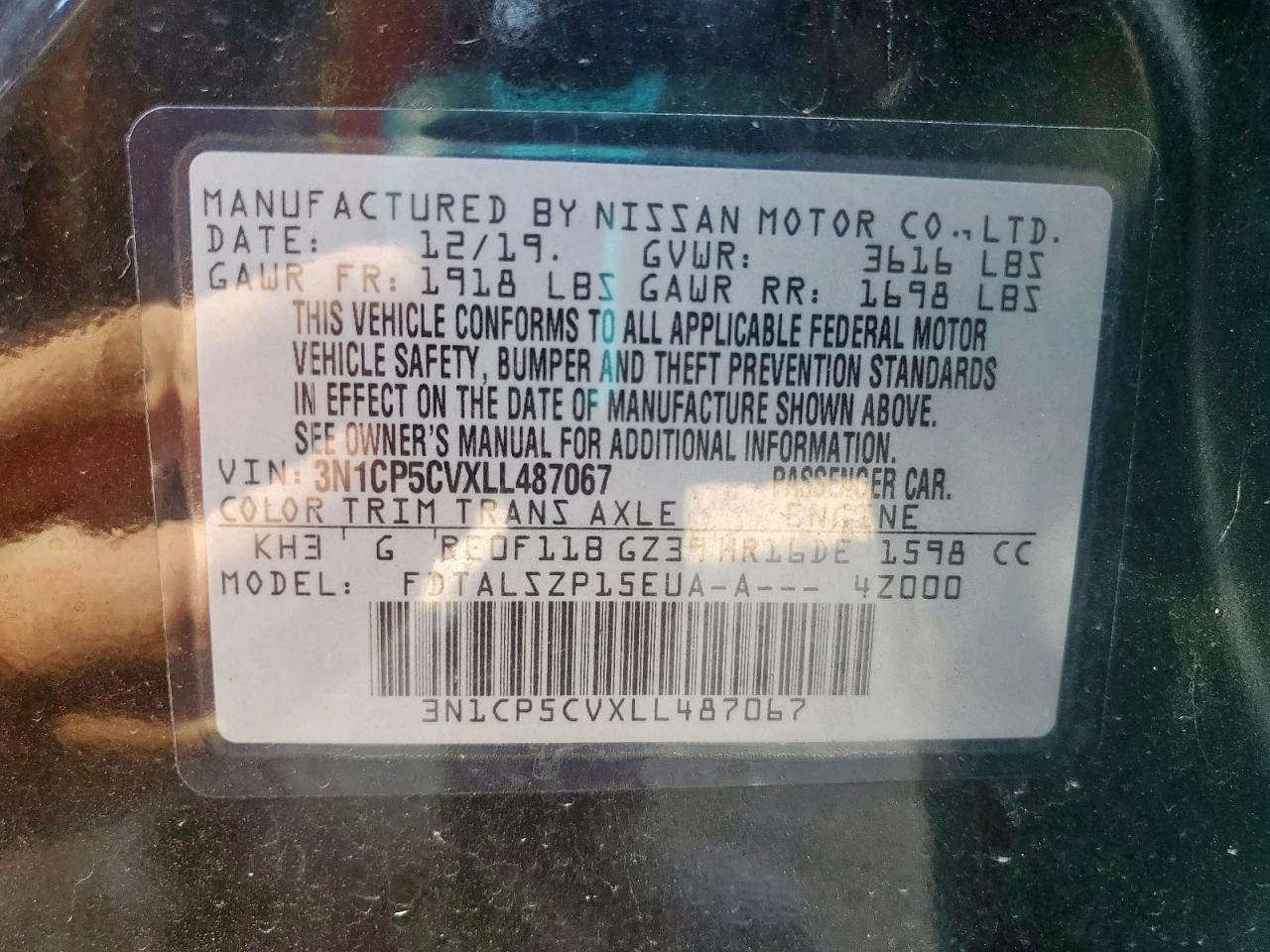 2020 Nissan Kicks Sv VIN: 3N1CP5CVXLL487067 Lot: 80100585