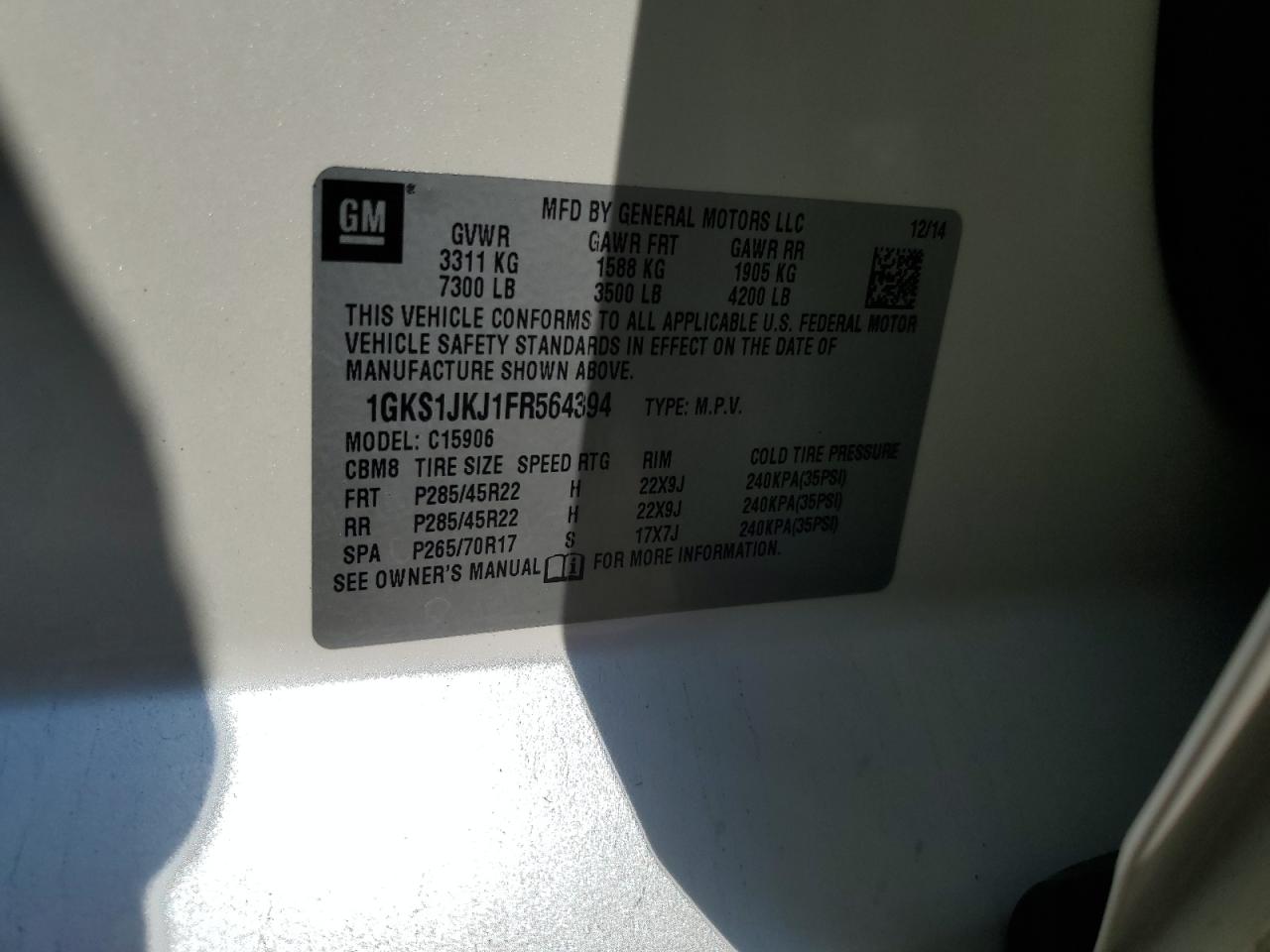 2015 GMC Yukon Xl Denali VIN: 1GKS1JKJ1FR564394 Lot: 81408095