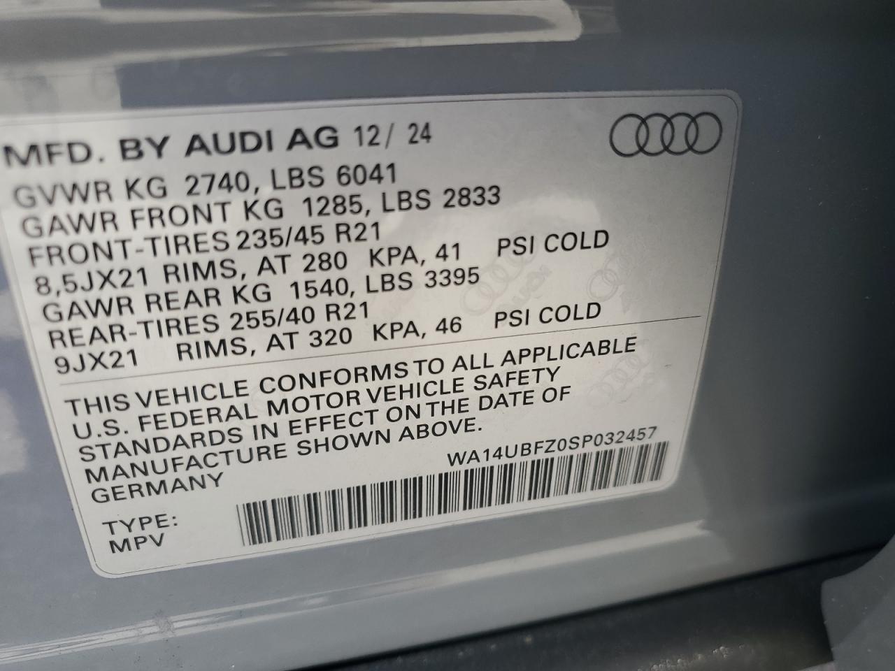 2025 Audi Q4 E-Tron Sportback Prestige VIN: WA14UBFZ0SP032457 Lot: 71433725