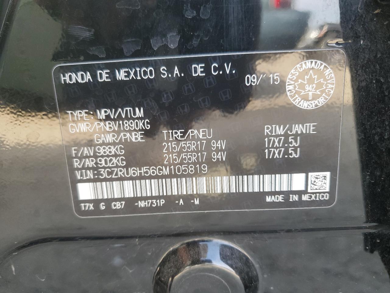 2016 Honda Hr-V Ex VIN: 3CZRU6H56GM105819 Lot: 69431625