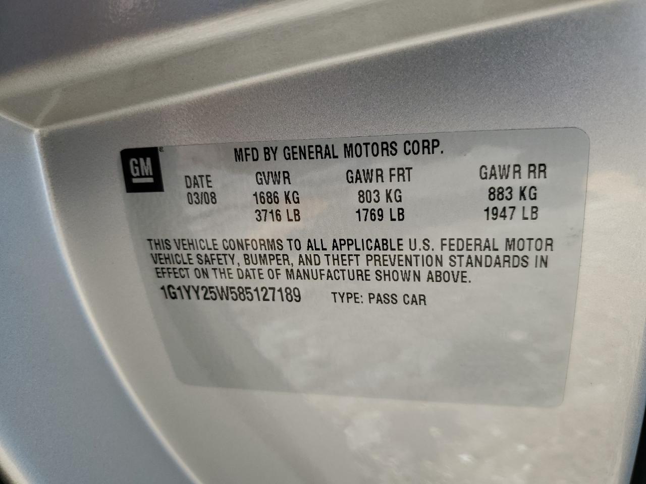 2008 Chevrolet Corvette VIN: 1G1YY25W585127189 Lot: 80137415