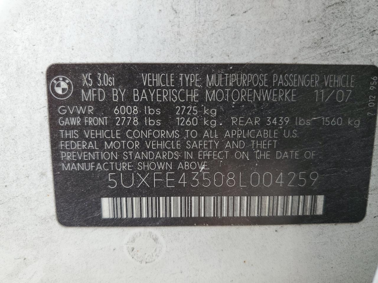 2008 BMW X5 3.0I VIN: 5UXFE43508L004259 Lot: 80359775