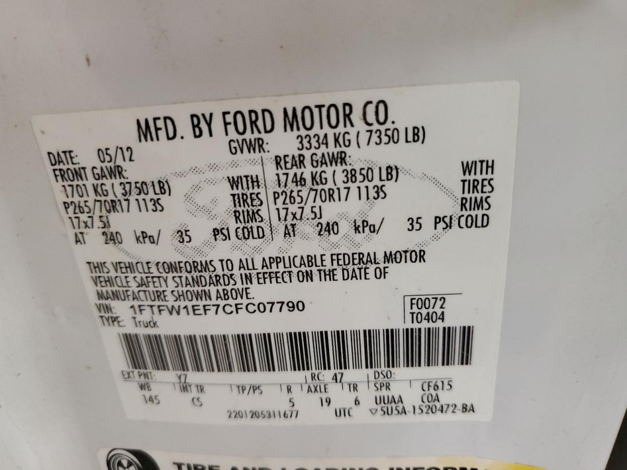 2012 Ford F150 Supercrew VIN: 1FTFW1EF7CFC07790 Lot: 84258955