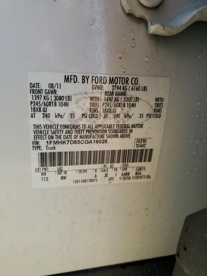 2012 Ford Explorer Xlt VIN: 1FMHK7D85CGA16028 Lot: 84563485