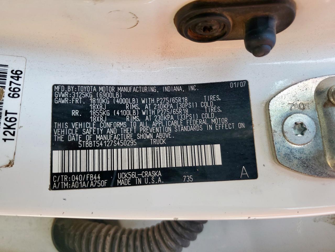 2007 Toyota Tundra Double Cab Sr5 VIN: 5TBBT54127S450295 Lot: 80306855