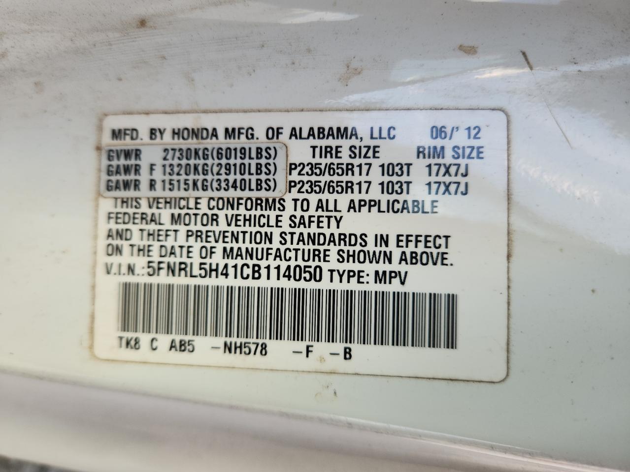 2012 Honda Odyssey Ex VIN: 5FNRL5H41CB114050 Lot: 70833815