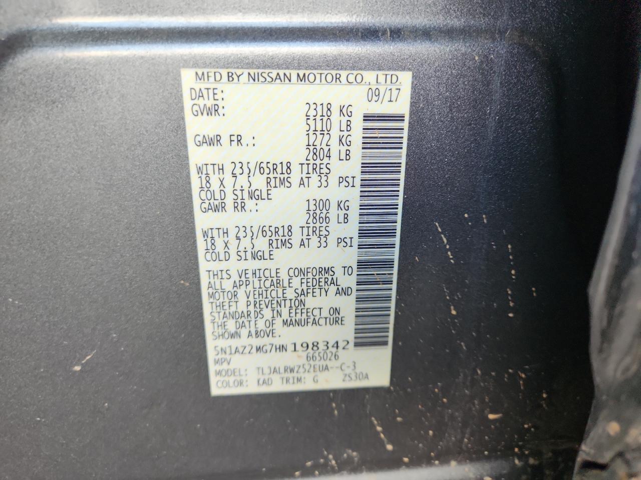 2017 Nissan Murano S VIN: 5N1AZ2MG7HN198342 Lot: 71399035