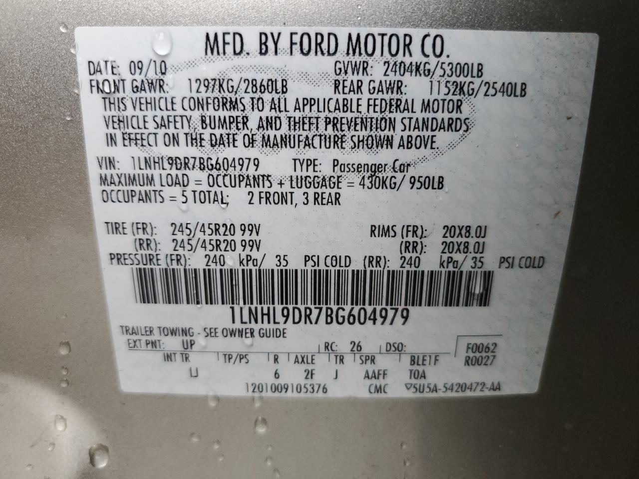 2011 Lincoln Mks VIN: 1LNHL9DR7BG604979 Lot: 84594275