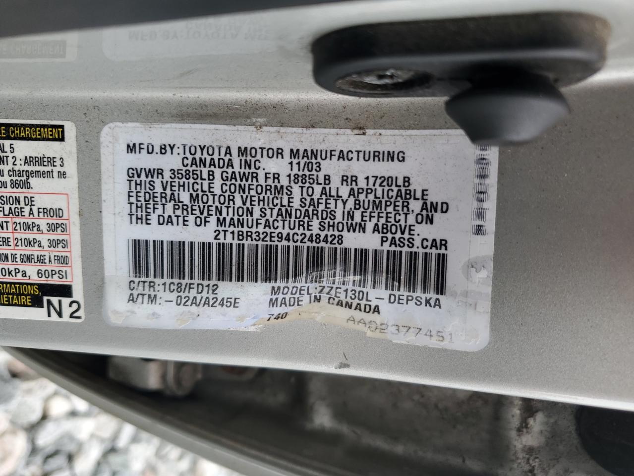 2004 Toyota Corolla Ce VIN: 2T1BR32E94C248428 Lot: 71453795