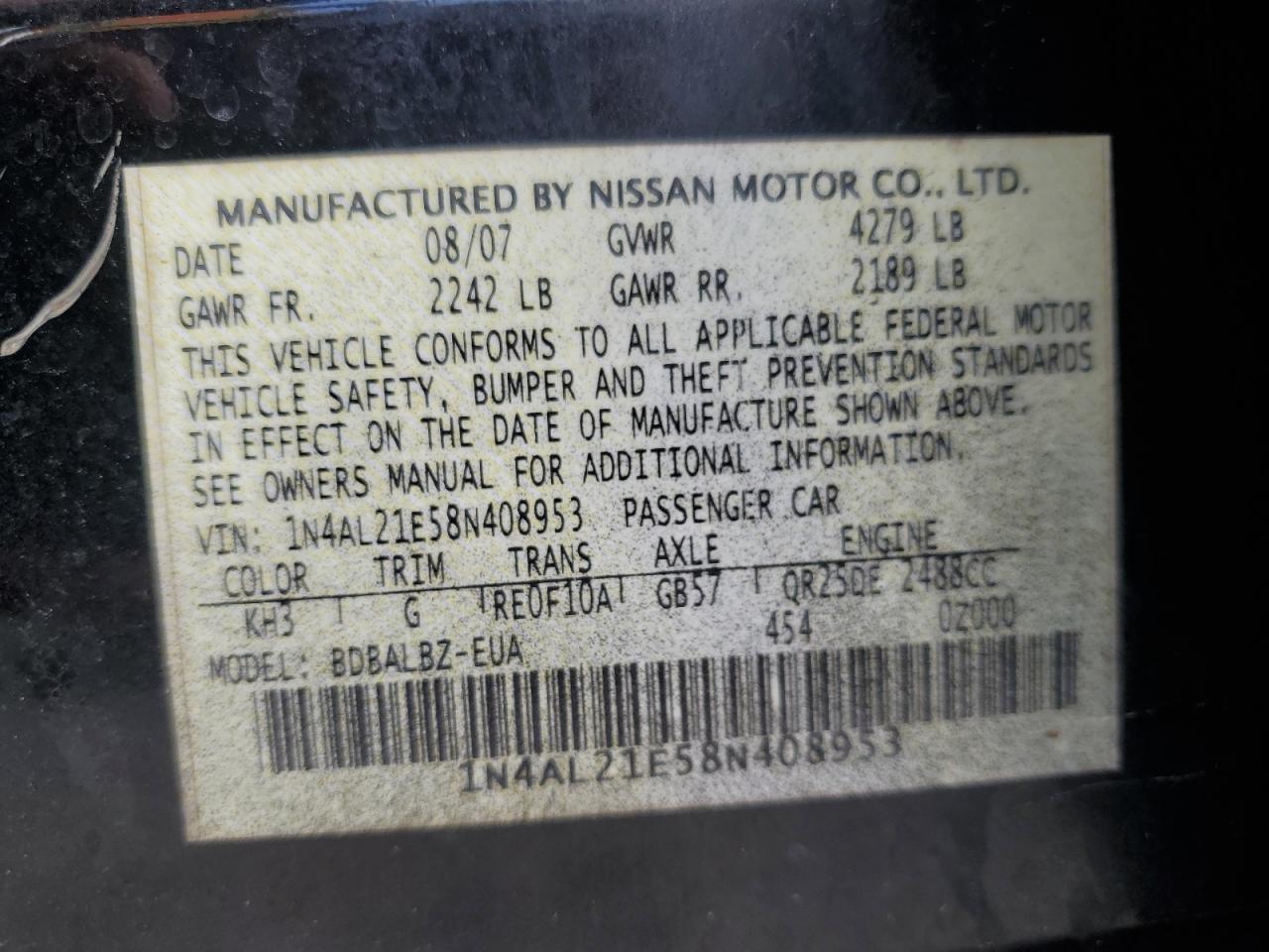 2008 Nissan Altima 2.5 VIN: 1N4AL21E58N408953 Lot: 81312225