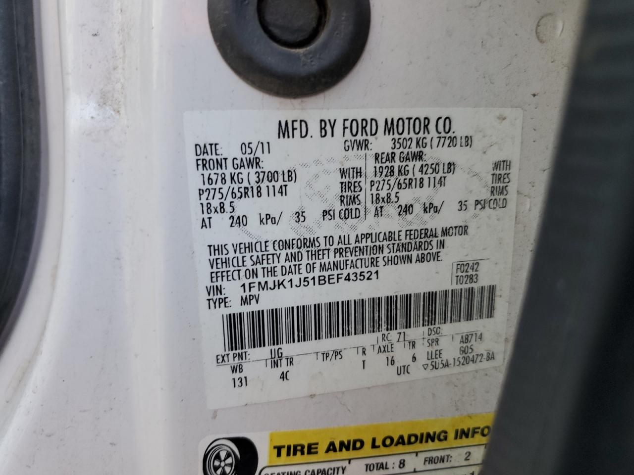 2011 Ford Expedition El Xlt VIN: 1FMJK1J51BEF43521 Lot: 81866995