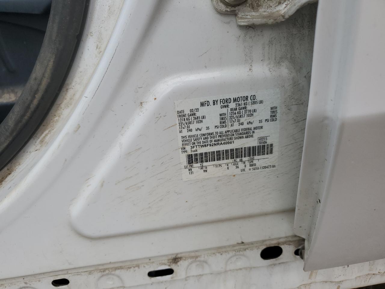 2022 Ford Maverick Xl VIN: 3FTTW8F92NRA40961 Lot: 81596035