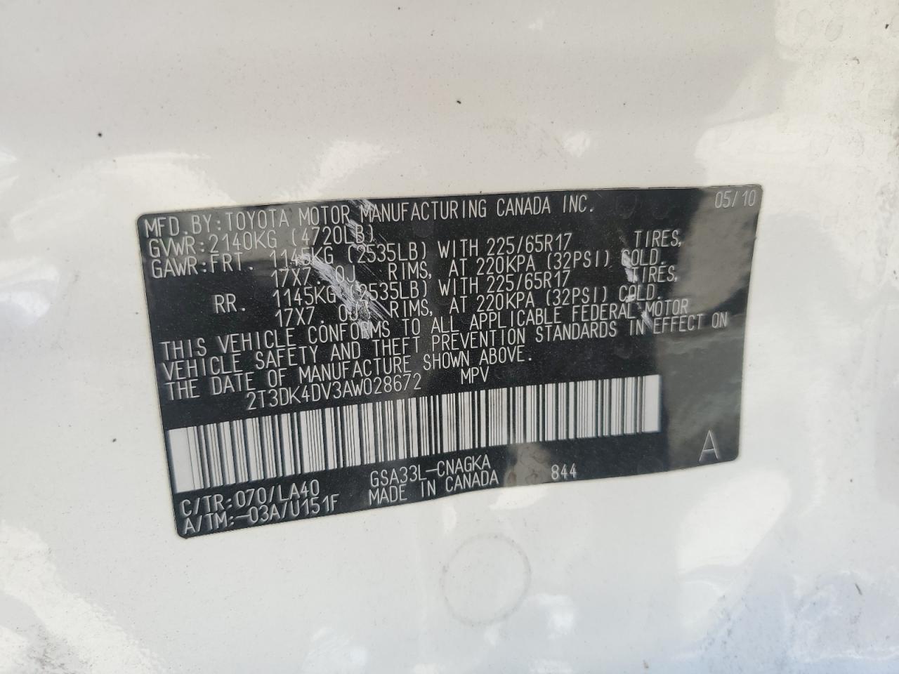 2010 Toyota Rav4 Limited VIN: 2T3DK4DV3AW028672 Lot: 81333695