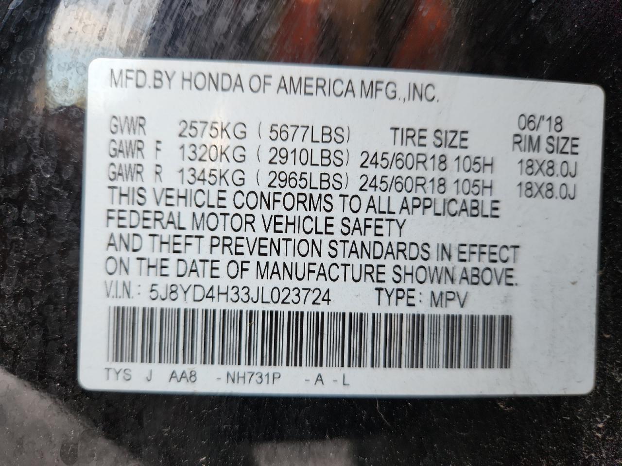 2018 Acura Mdx VIN: 5J8YD4H33JL023724 Lot: 81887475