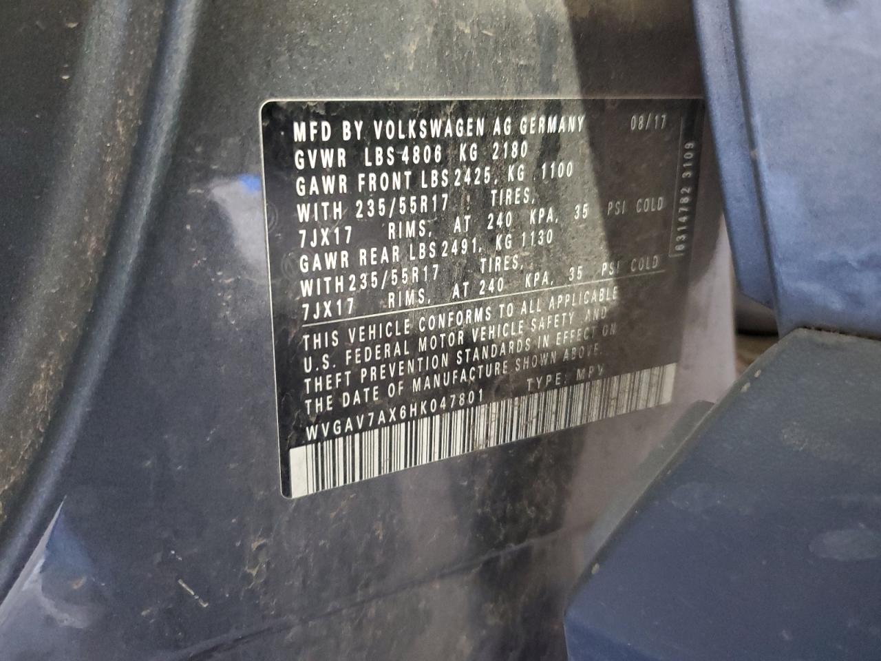 2017 Volkswagen Tiguan S VIN: WVGAV7AX6HK047801 Lot: 81918805