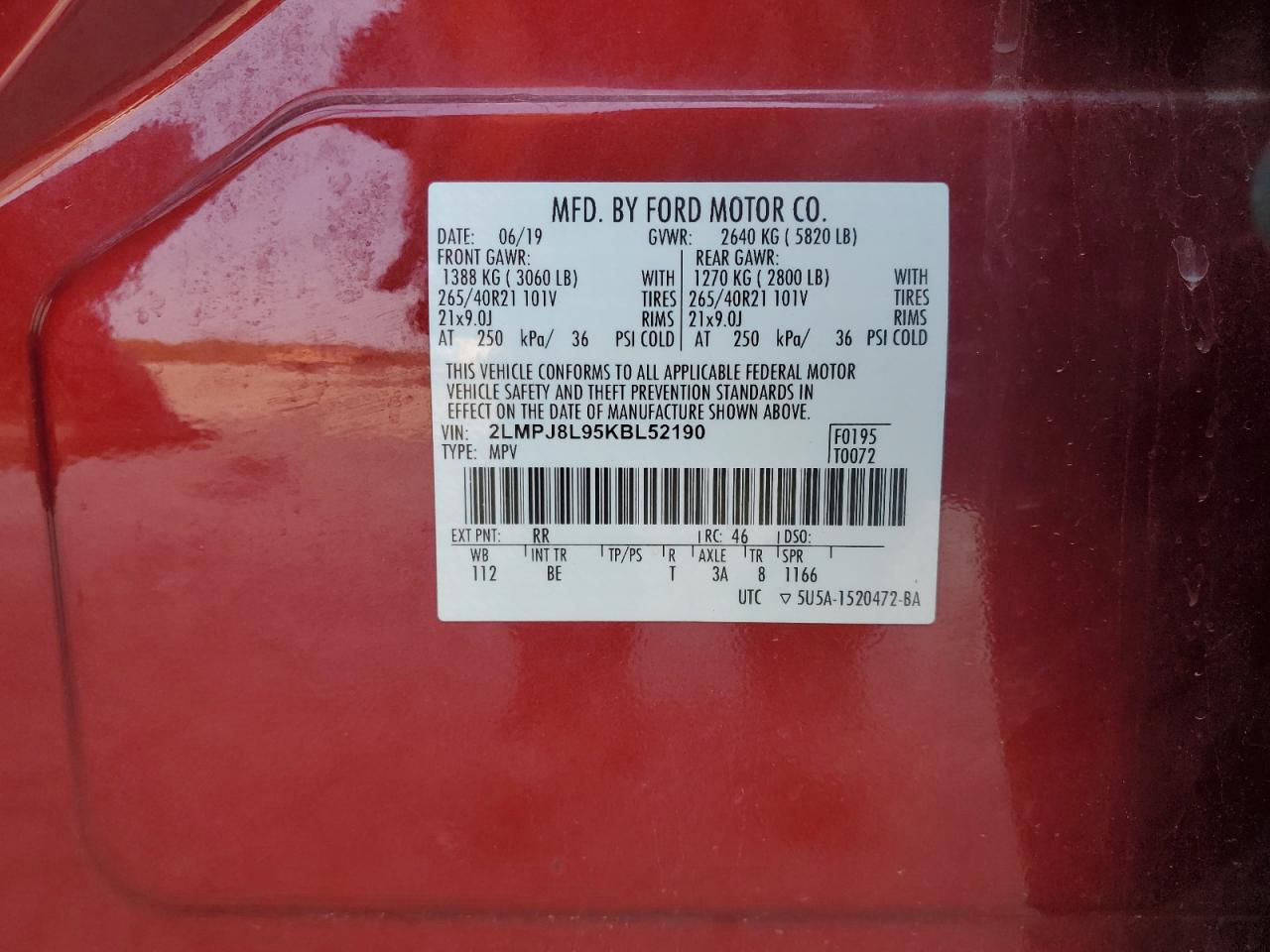 2019 Lincoln Nautilus Reserve VIN: 2LMPJ8L95KBL52190 Lot: 71188085