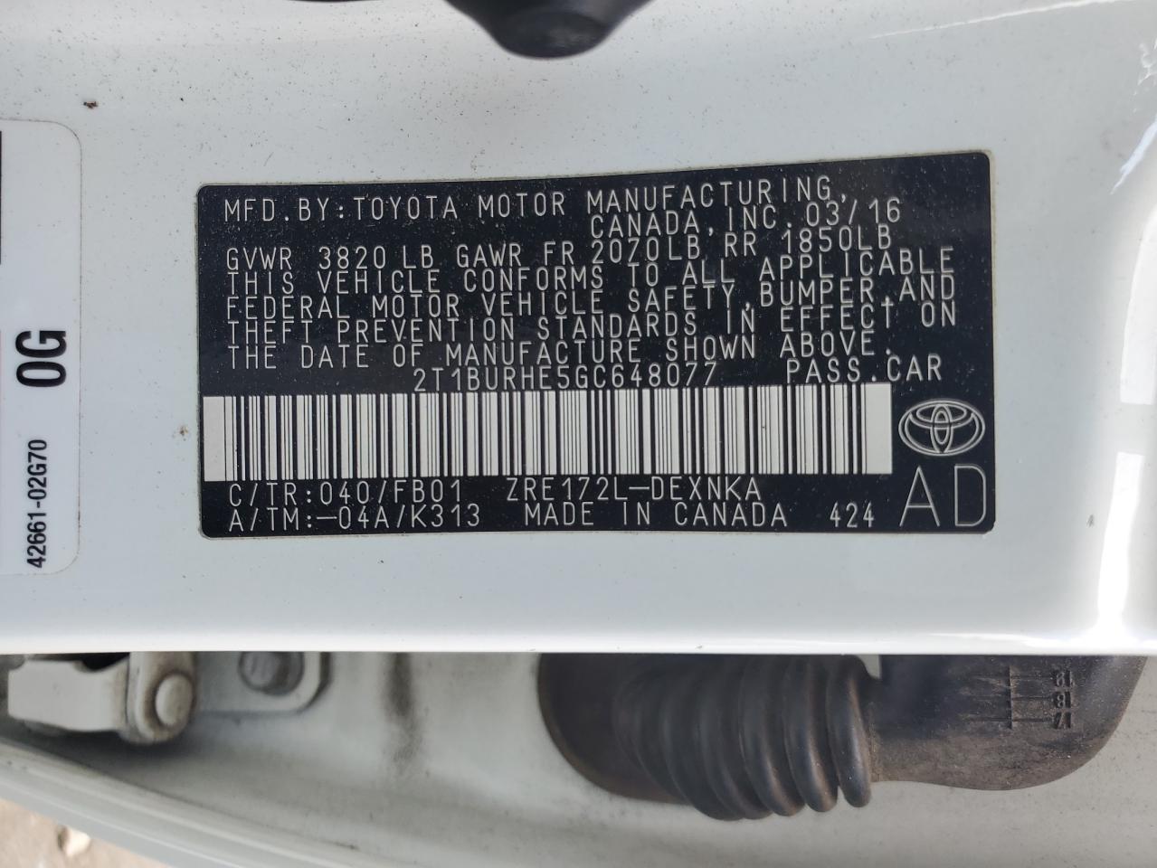 2016 Toyota Corolla L VIN: 2T1BURHE5GC648077 Lot: 70849465