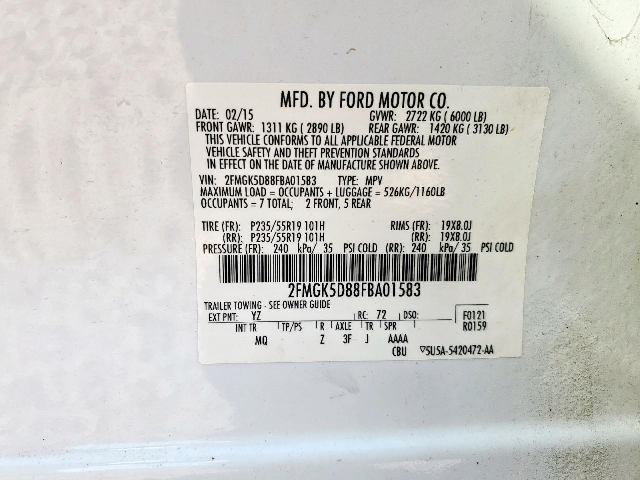 2015 Ford Flex Limited VIN: 2FMGK5D88FBA01583 Lot: 84259625