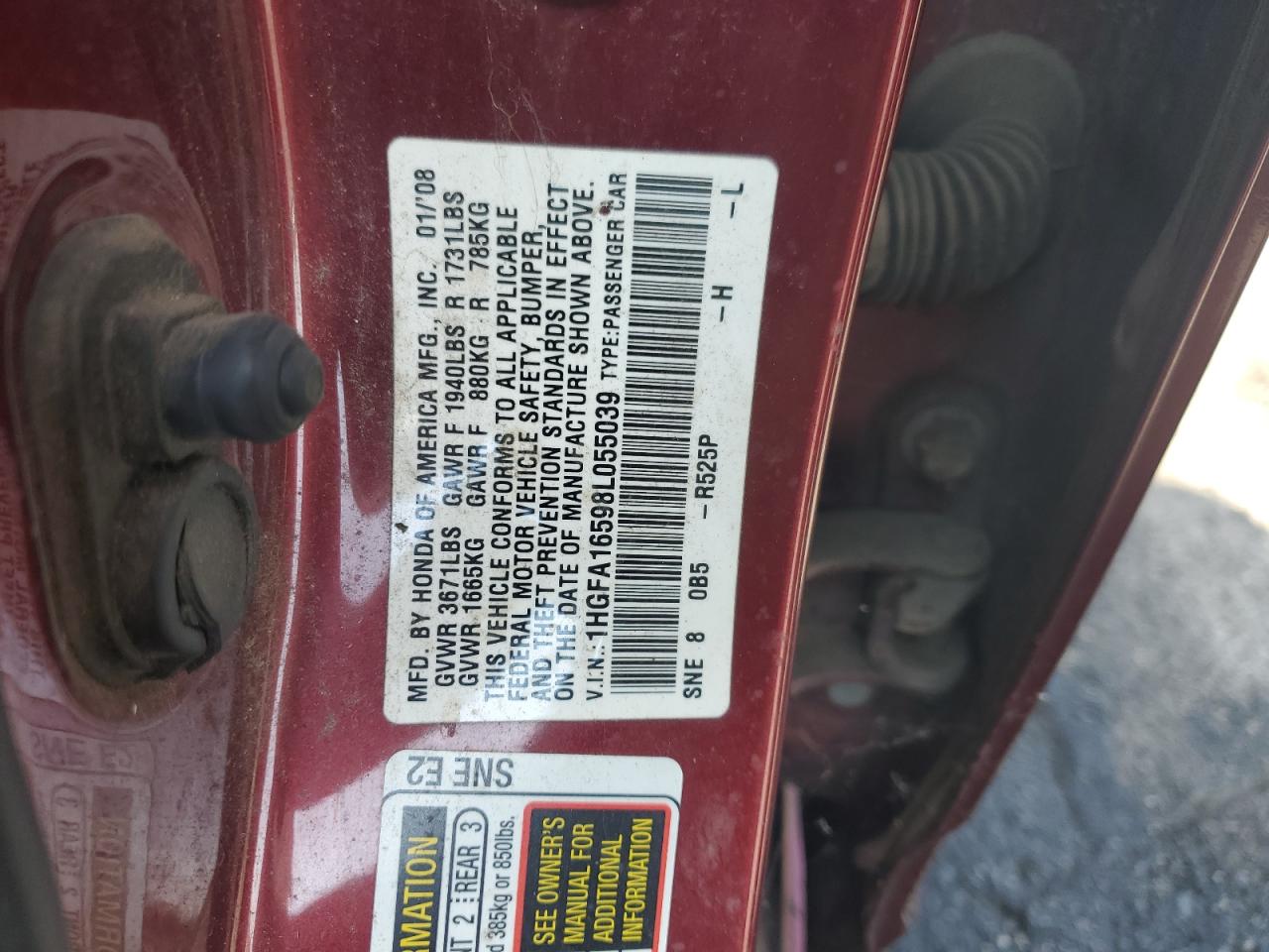 2008 Honda Civic Lx VIN: 1HGFA16598L055039 Lot: 84825655