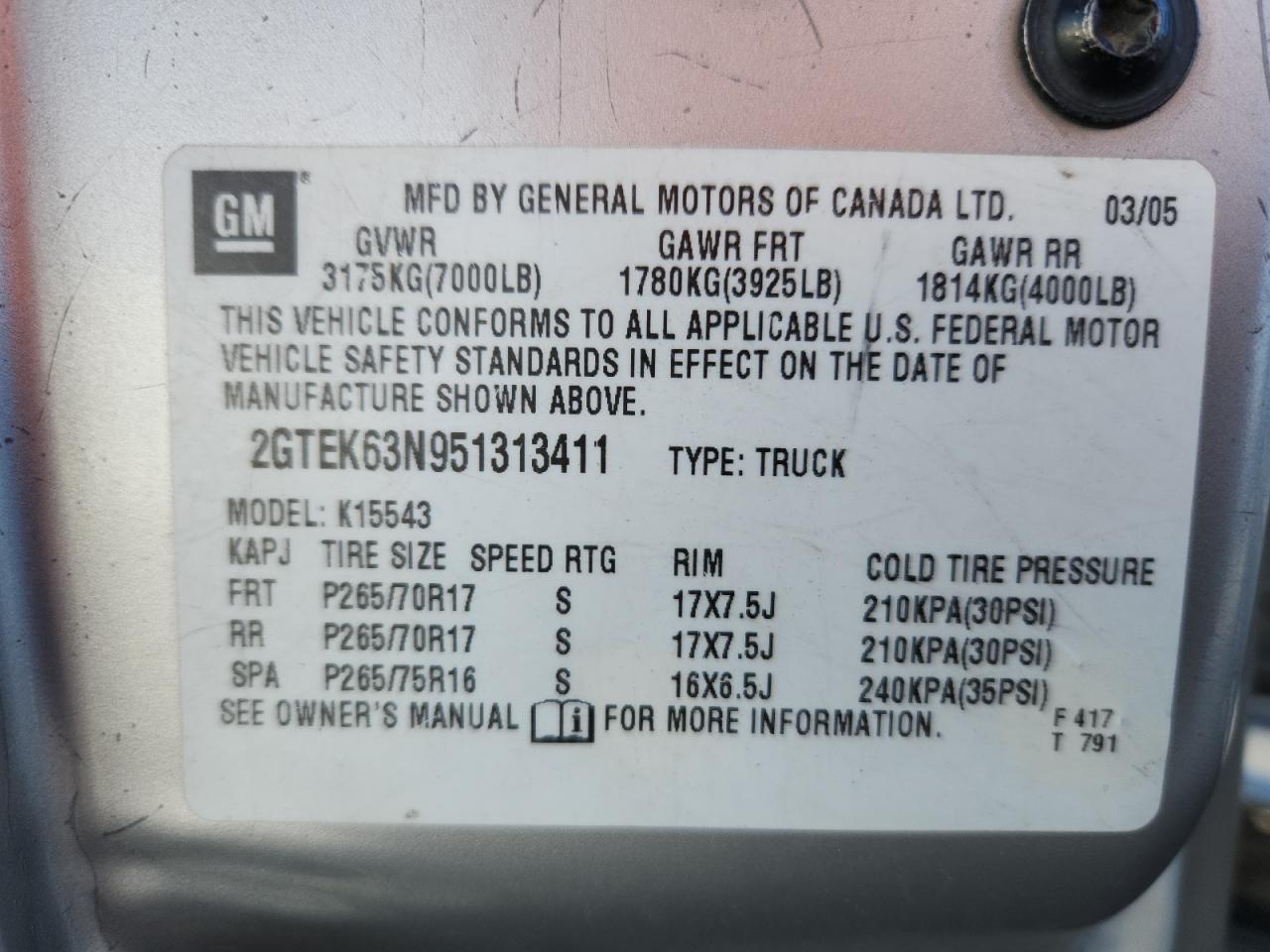 2005 GMC Sierra K1500 Denali VIN: 2GTEK63N951313411 Lot: 80808005