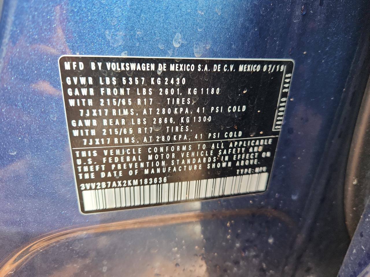 2019 Volkswagen Tiguan Se VIN: 3VV2B7AX2KM183636 Lot: 84056135