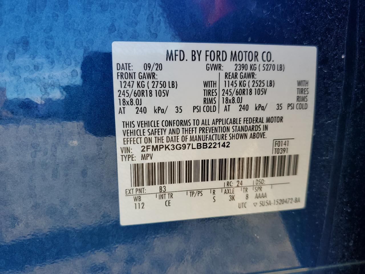 2020 Ford Edge Se VIN: 2FMPK3G97LBB22142 Lot: 72029355