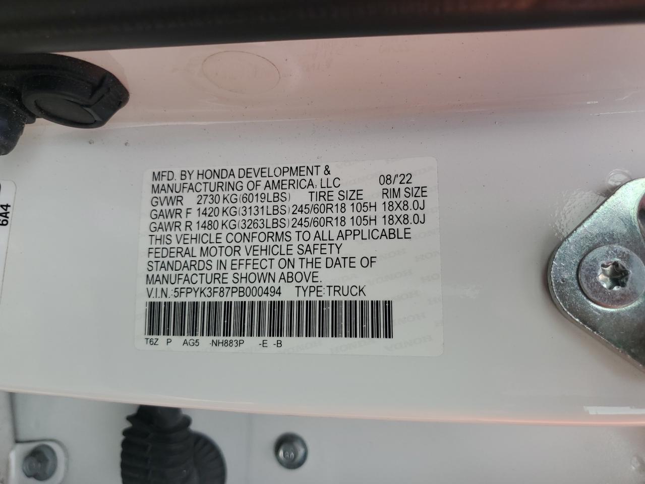 2023 Honda Ridgeline Black Edition VIN: 5FPYK3F87PB000494 Lot: 71079655