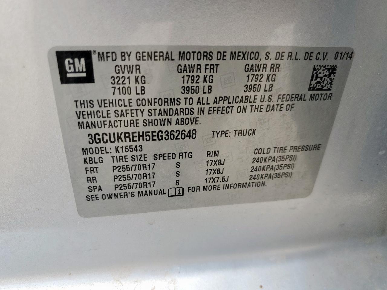 2014 Chevrolet Silverado K1500 Lt VIN: 3GCUKREH5EG362648 Lot: 72065435