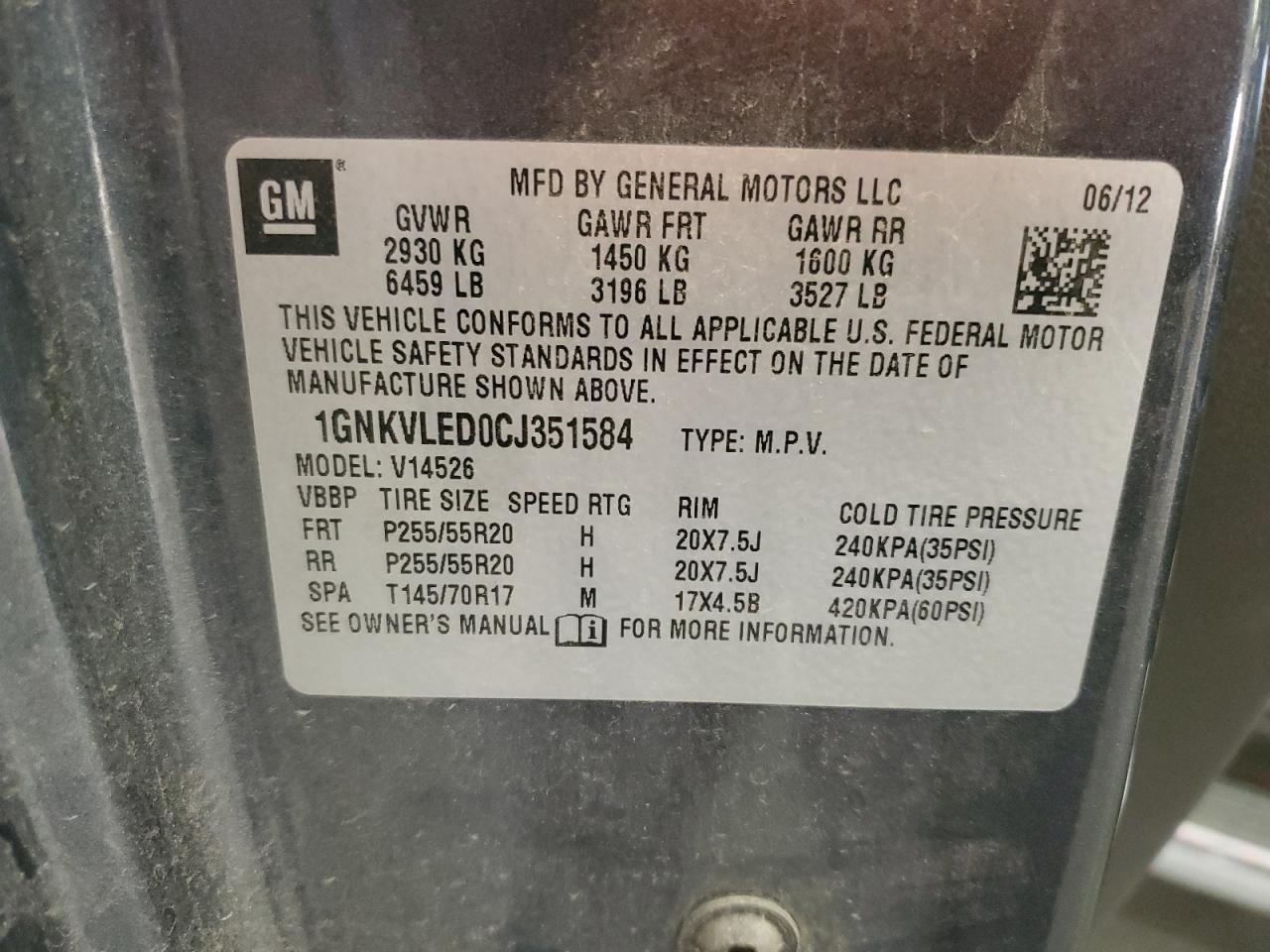 2012 Chevrolet Traverse Ltz VIN: 1GNKVLED0CJ351584 Lot: 71313495