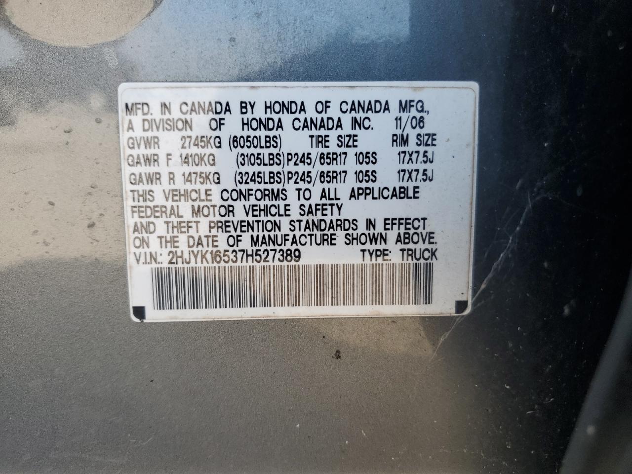 2007 Honda Ridgeline Rtl VIN: 2HJYK16537H527389 Lot: 84380245