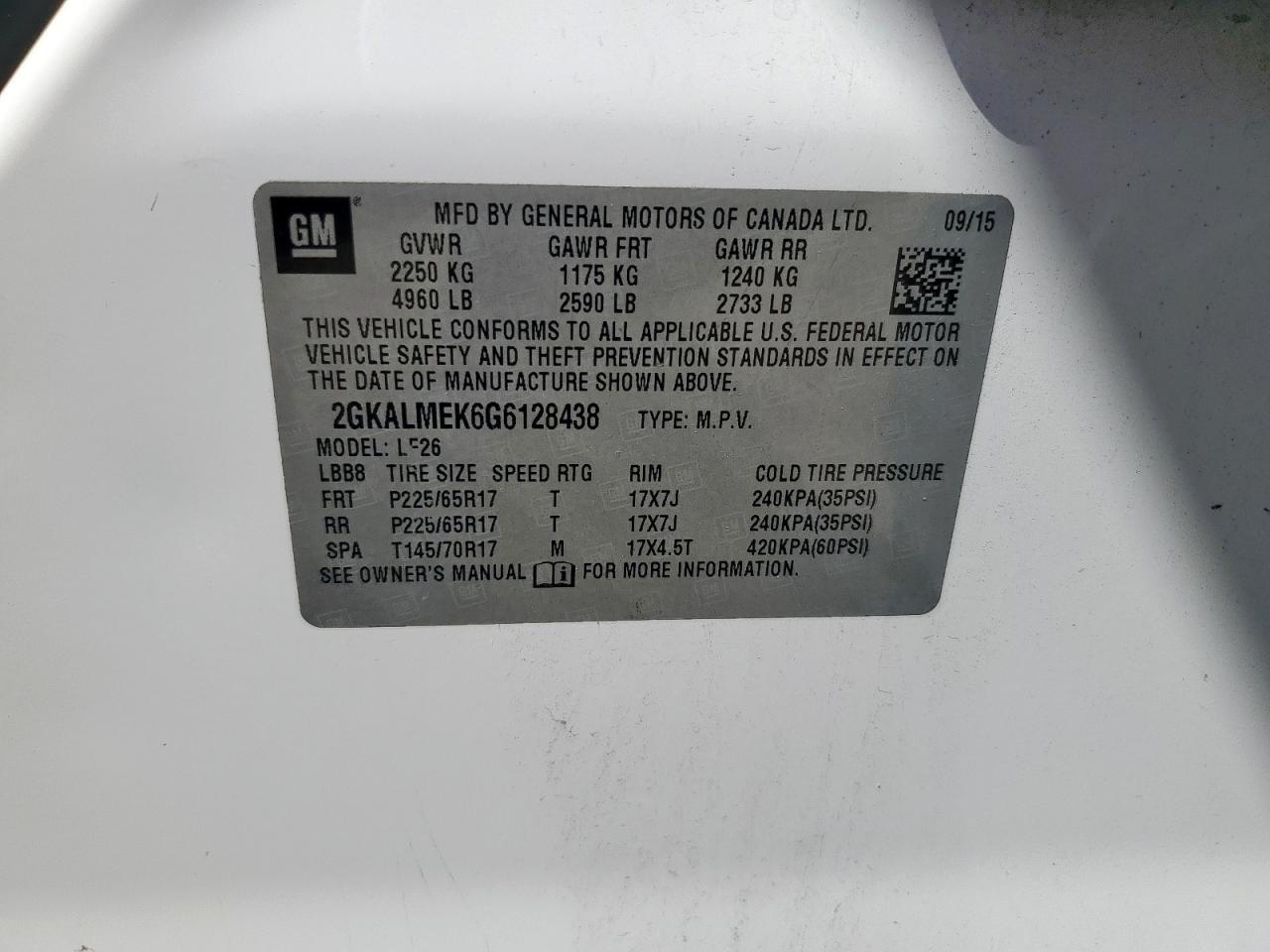 2016 GMC Terrain Sle VIN: 2GKALMEK6G6128438 Lot: 84378685