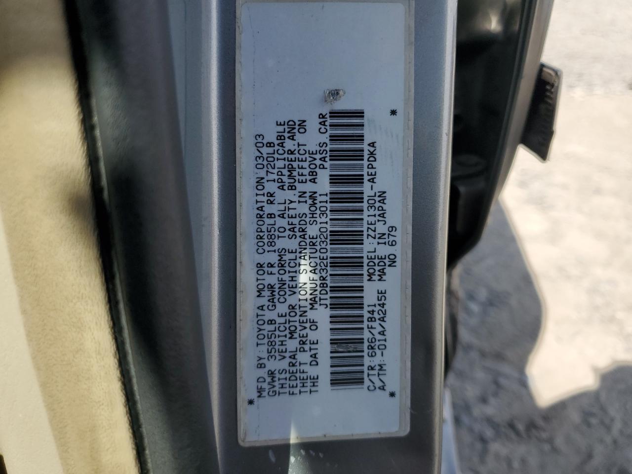 2003 Toyota Corolla Ce VIN: JTDBR32E032013011 Lot: 81838445