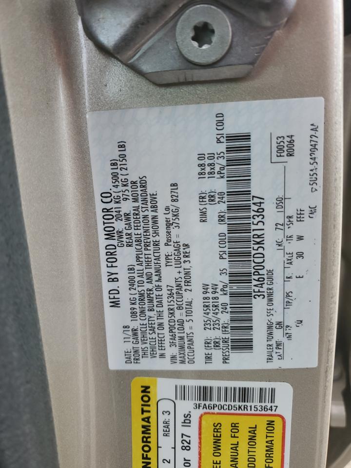 2019 Ford Fusion Sel VIN: 3FA6P0CD5KR153647 Lot: 71693795