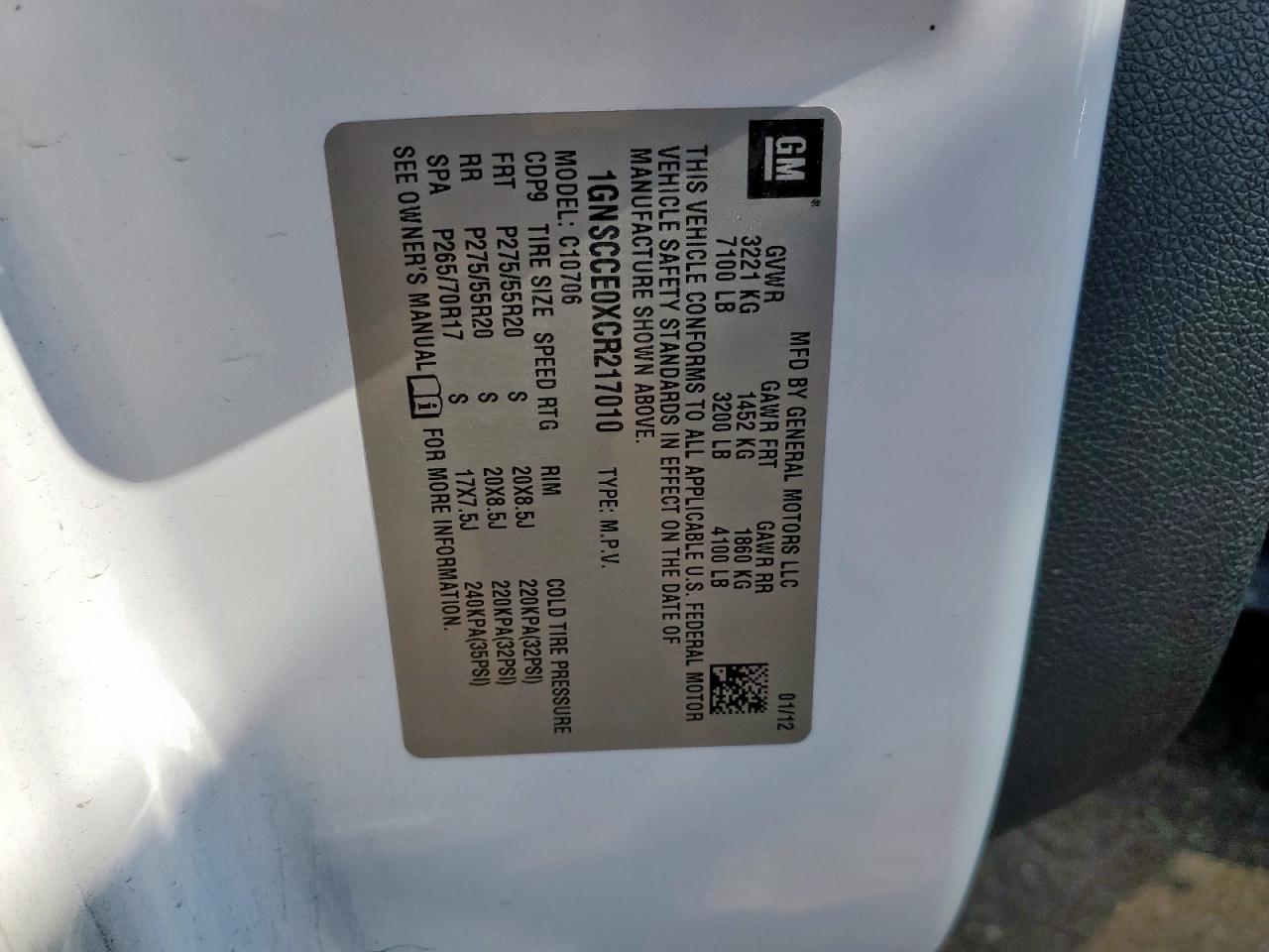 2012 Chevrolet Tahoe C1500 Ltz VIN: 1GNSCCE0XCR217010 Lot: 80916105