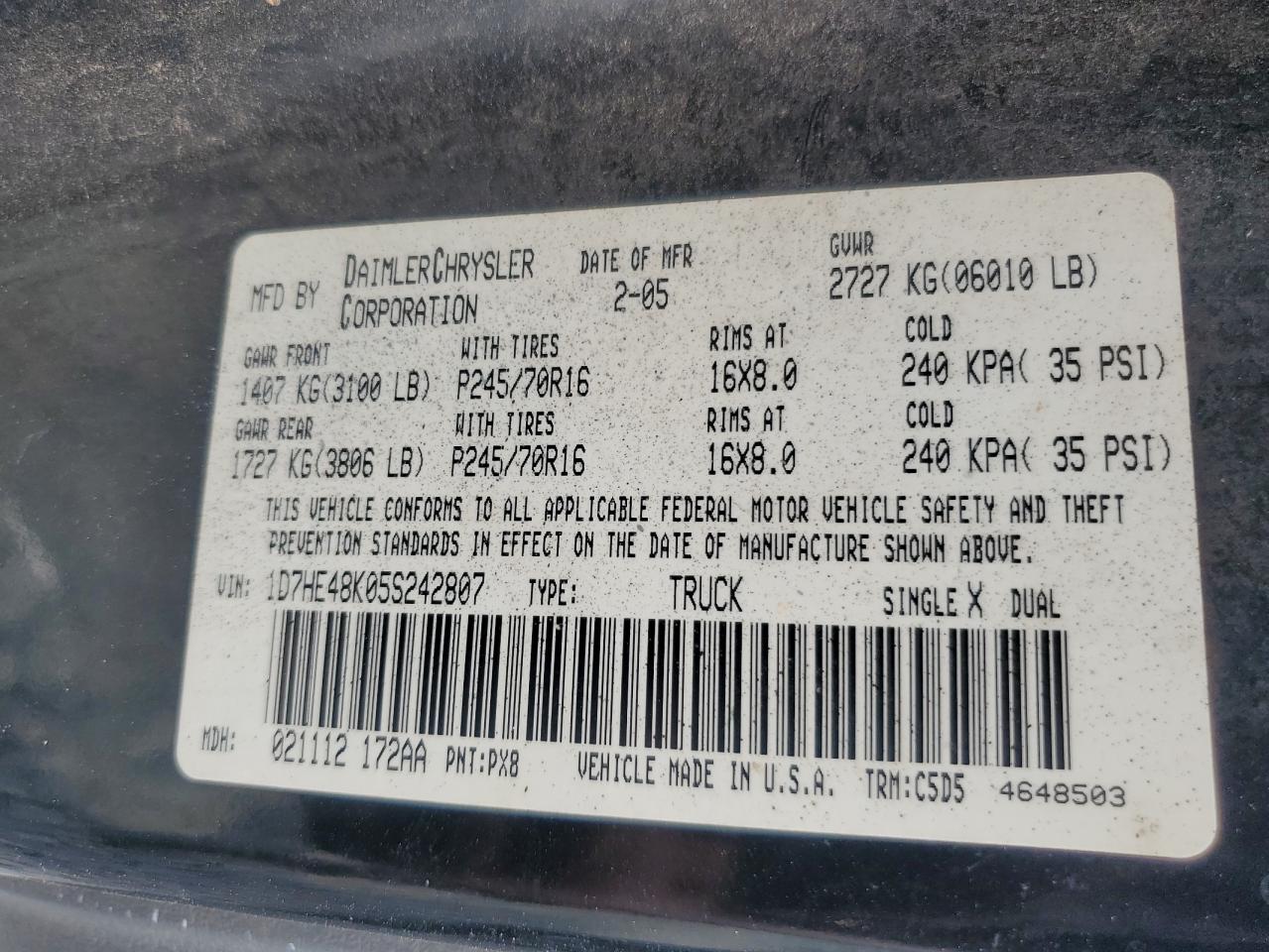 2005 Dodge Dakota Quad Slt VIN: 1D7HE48K05S242807 Lot: 84242405