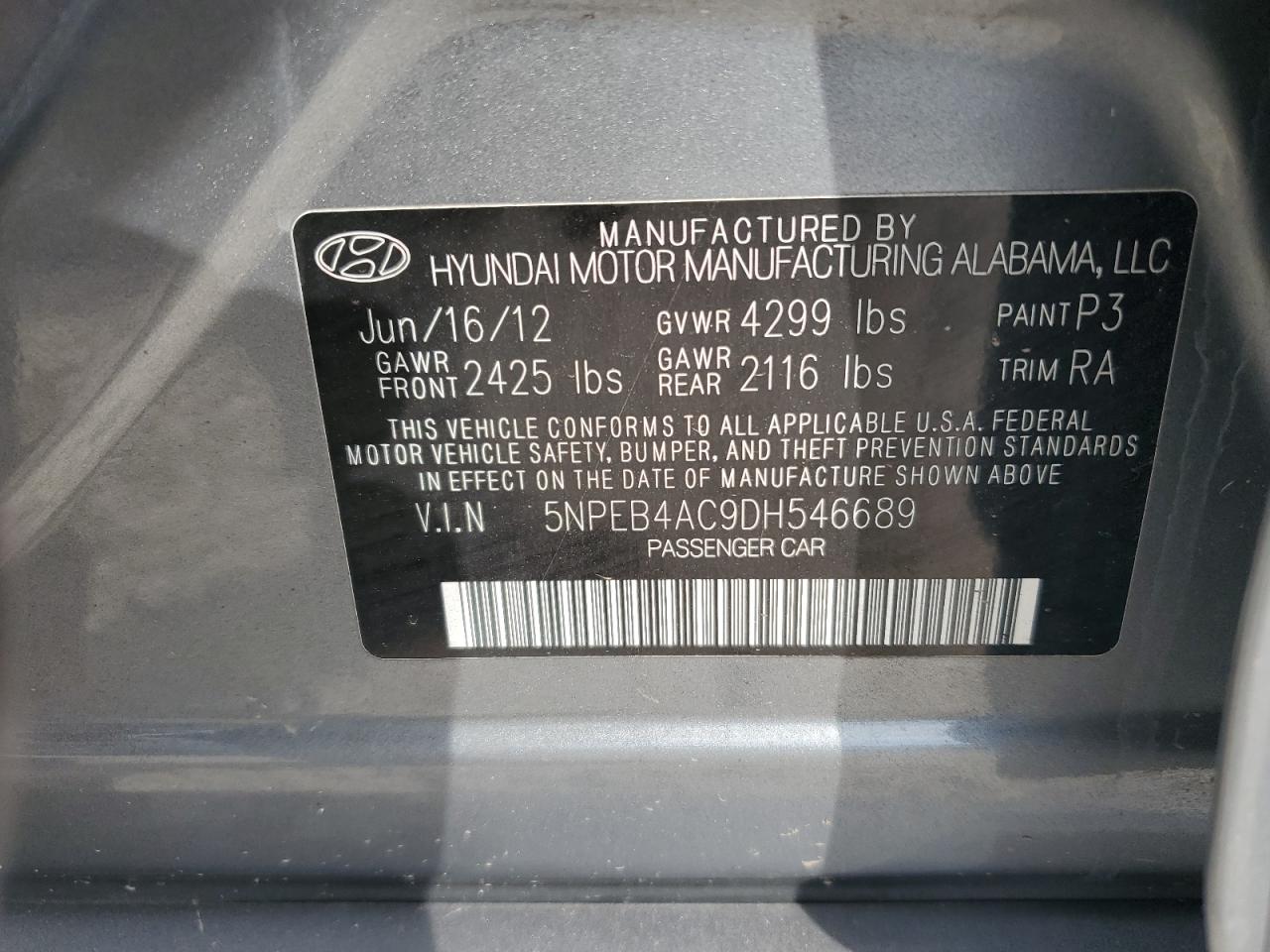 2013 Hyundai Sonata Gls VIN: 5NPEB4AC9DH546689 Lot: 80638935