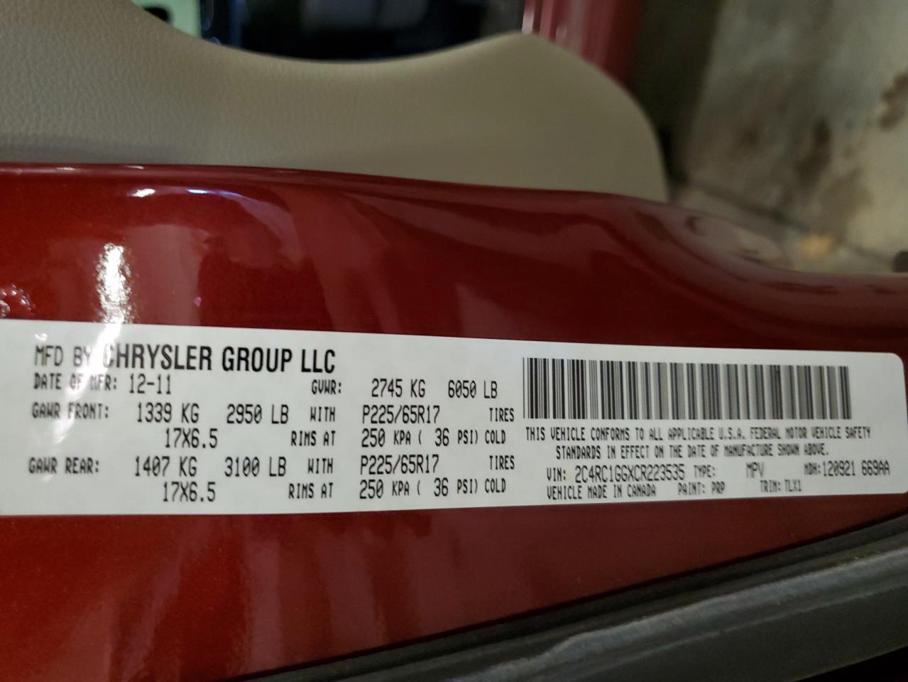 2012 Chrysler Town & Country Limited VIN: 2C4RC1GGXCR223535 Lot: 81769625