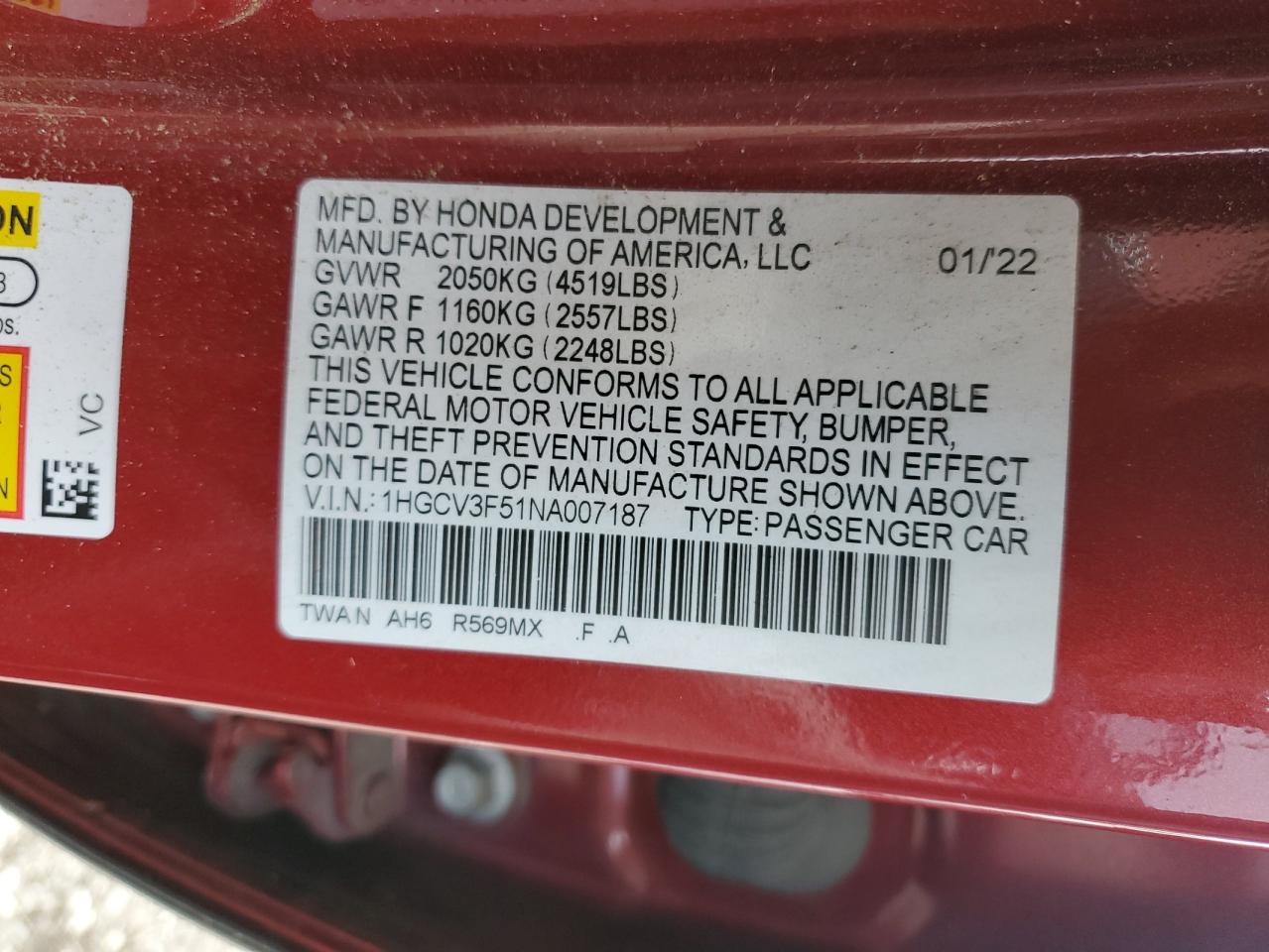 2022 Honda Accord Hybrid Exl VIN: 1HGCV3F51NA007187 Lot: 81730915