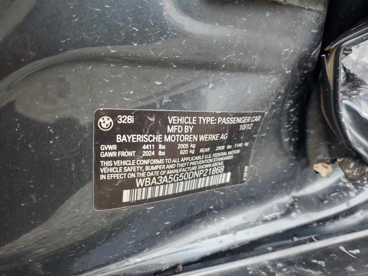 2013 BMW 328 I VIN: WBA3A5G50DNP21868 Lot: 81760025