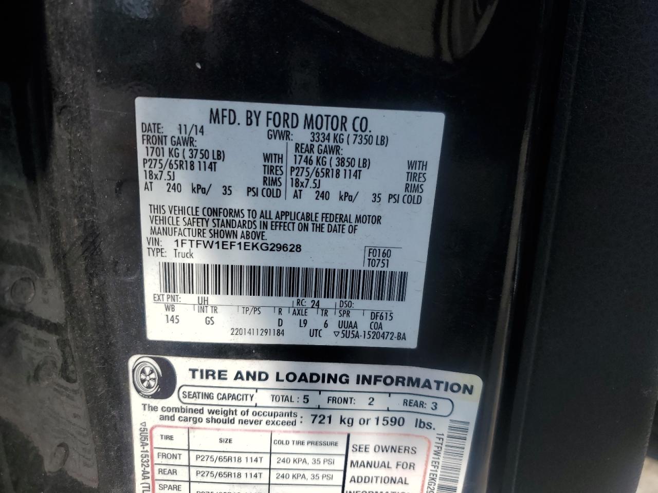 2014 Ford F150 Supercrew VIN: 1FTFW1EF1EKG29628 Lot: 80937475