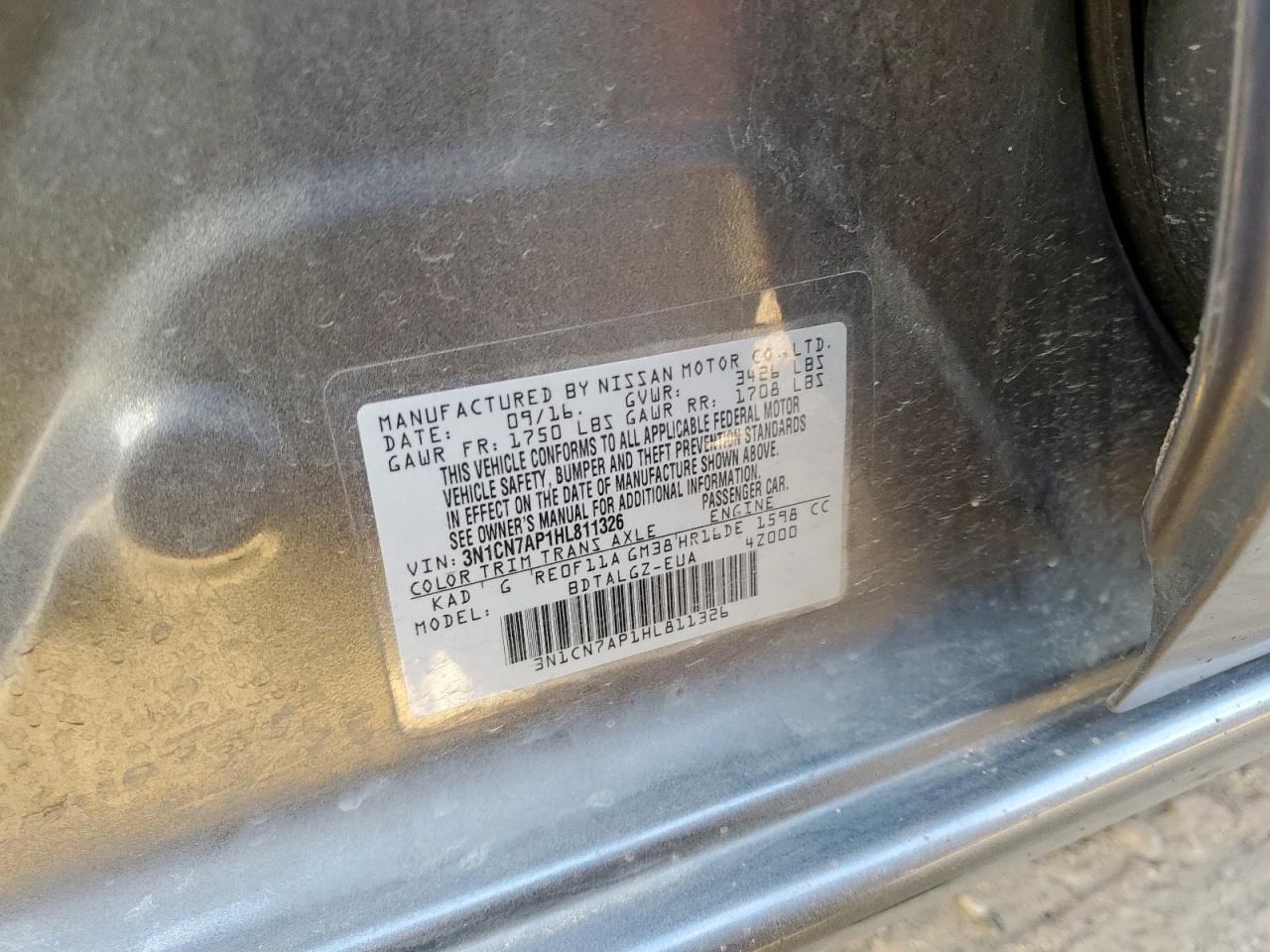 2017 Nissan Versa S VIN: 3N1CN7AP1HL811326 Lot: 83933895