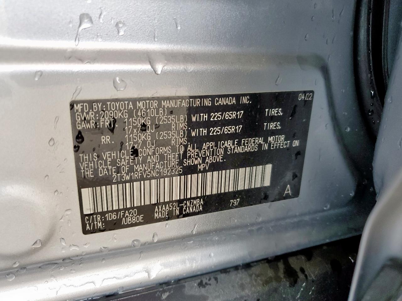 2022 Toyota Rav4 Xle VIN: 2T3W1RFV5NC192325 Lot: 81517985