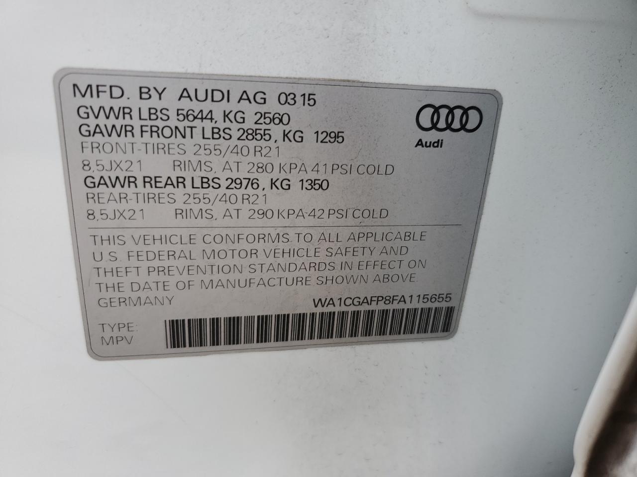 2015 Audi Sq5 Premium Plus VIN: WA1CGAFP8FA115655 Lot: 80314145