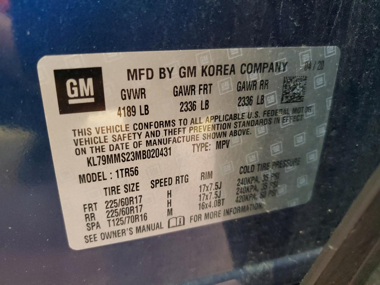 2021 Chevrolet Trailblazer Ls VIN: KL79MMS23MB020431 Lot: 81638315