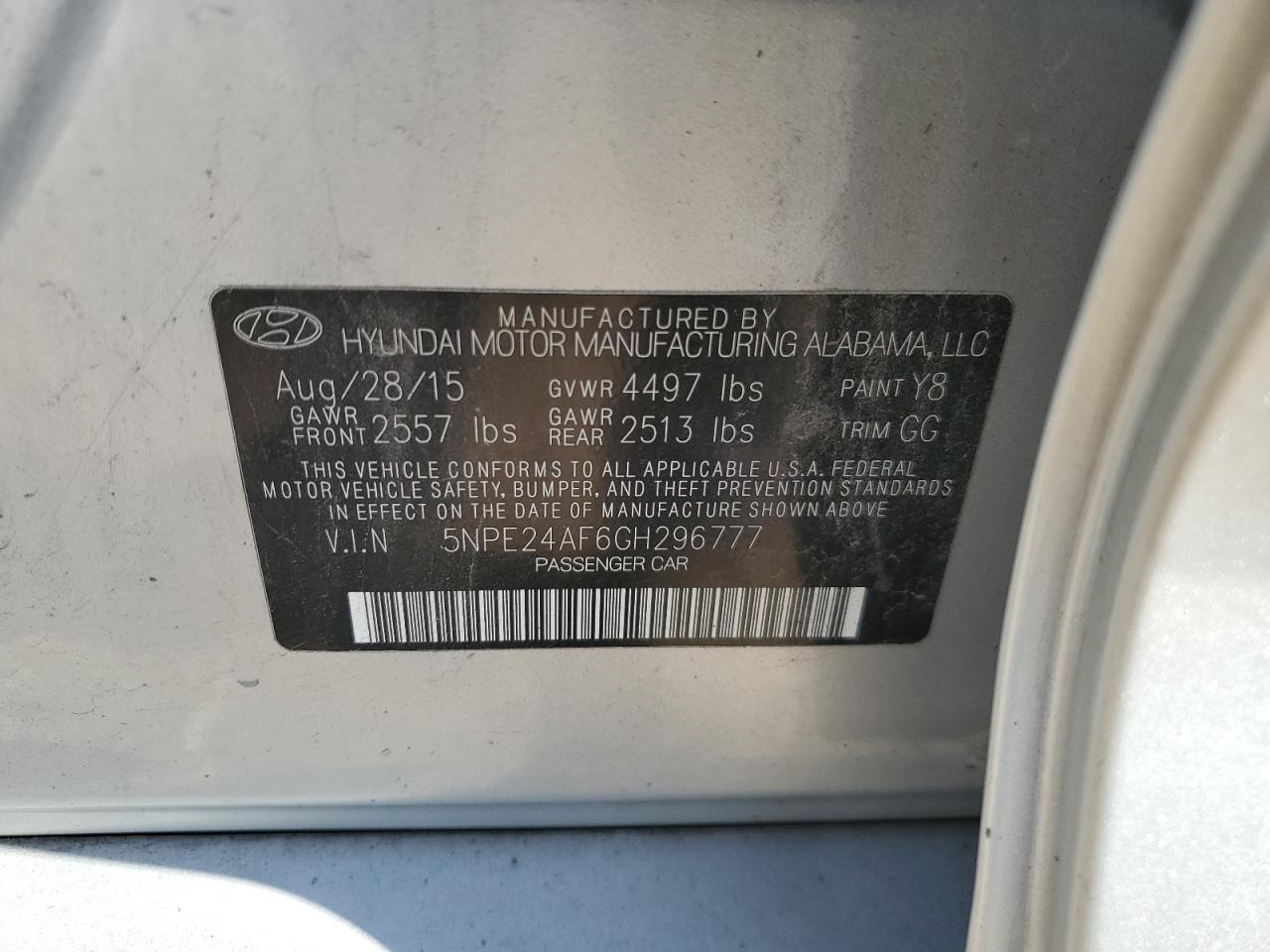 2016 Hyundai Sonata Se VIN: 5NPE24AF6GH296777 Lot: 80177535