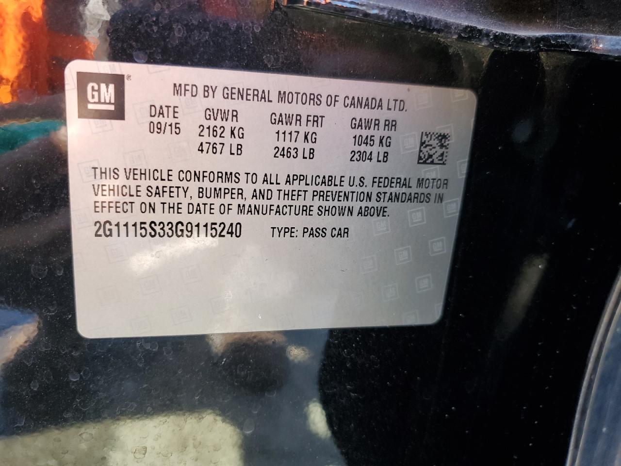 2016 Chevrolet Impala Lt VIN: 2G1115S33G9115240 Lot: 72077115