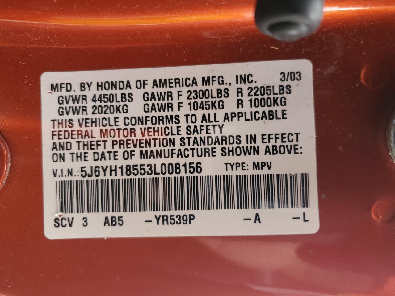 2003 Honda Element Ex VIN: 5J6YH18553L008156 Lot: 80553625