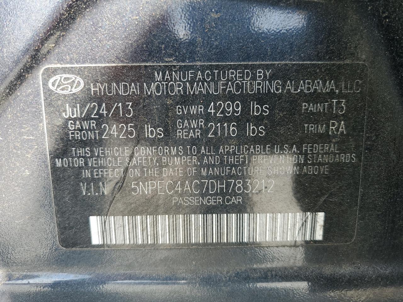 2013 Hyundai Sonata Se VIN: 5NPEC4AC7DH783212 Lot: 71452165