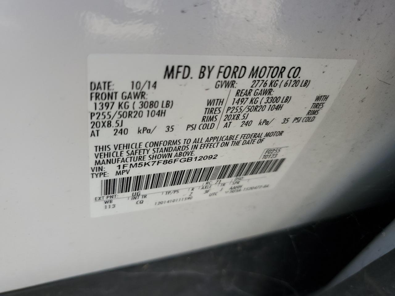 2015 Ford Explorer Limited VIN: 1FM5K7F86FGB12092 Lot: 71062935